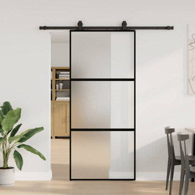 Walplus Sliding Door With Hardware Set Black 90X205 Cm Tempered Glass