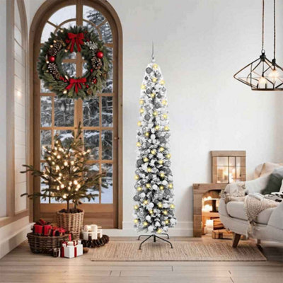 Vidaxl Artificial Christmas Tree With 300 Leds, White/Grey Balls With Stand Snow Flocked Green 180 X 48 Cm, Green - Image 3