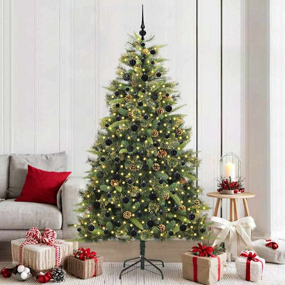 VIDAXL 7ft Artificial Christmas Tree with Pre-Lit Black Baubles and Pinecones, Green PVC Festive Holiday Decor for Indoor and Outdoor Use - Image 3