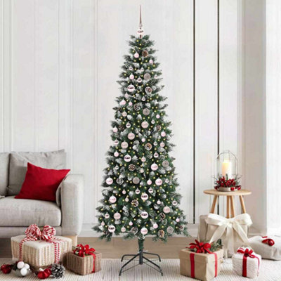 Pre-Lit Baubles Artificial Snow Tipped Christmas Tree 7Ft Pink/Green Vidaxl - Image 4