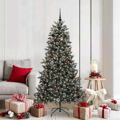 Pre-Lit Baubles And Pinecones Artificial Snow Tipped Christmas Tree 6Ft Black/Green Vidaxl - Image 4