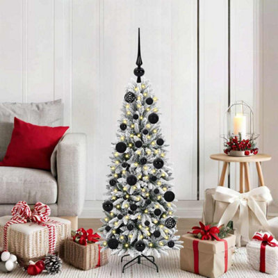 Pre-Lit Baubles Artificial Snow Flocked Christmas Tree 4Ft Black Vidaxl - Image 4