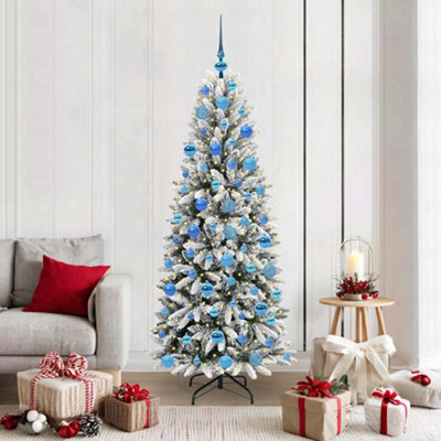 VIDAXL 6ft Artificial Snow Flocked Christmas Tree with Blue Baubles and Integrated LED Lights - Image 4