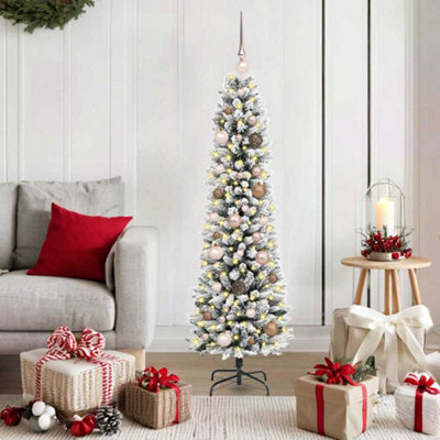VIDAXL 5ft Artificial Snow Flocked Pre-Lit Christmas Tree with Rose Gold Baubles and LED Lights - Image 4