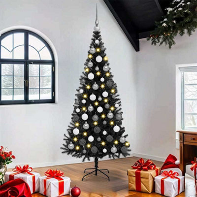 Vidaxl Christmas Tree With 300 Leds, White/Grey Balls With Stand Black 180 Cm Pvc, Black - Image 3