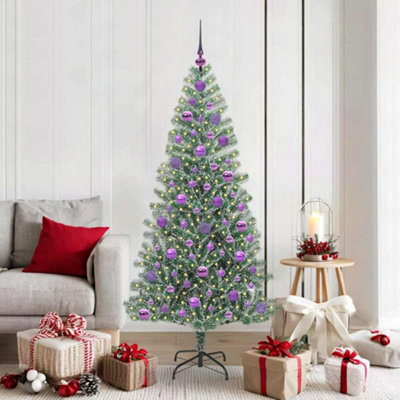 VIDAXL 180 cm Artificial Christmas Tree with LED Lights and Lilac Ornaments, Green Snow-Flocked Holiday Decor - Image 3