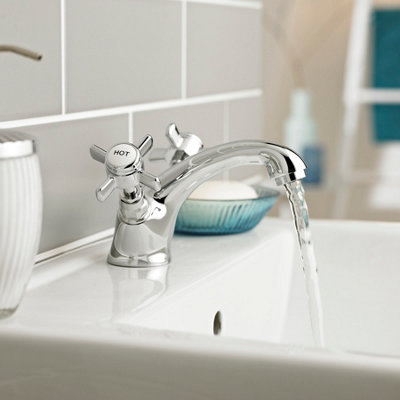 B&Q -  Klassique Mono Basin Mixer Tap Contemporary Design With Push Button WasteChrome