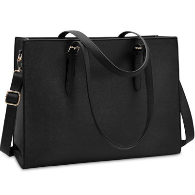 B&Q Large Black Leather Business Briefcase With Multiple Pockets