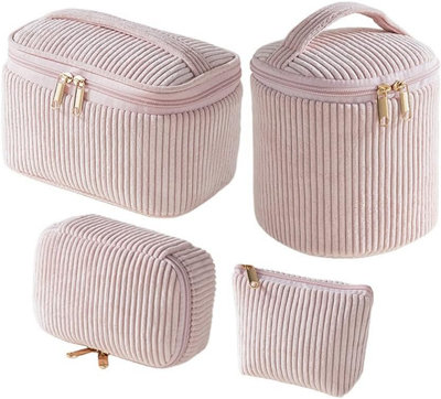 B&Q Pink 4 Piece Velvet Makeup And Toiletry Bag Set For Travel