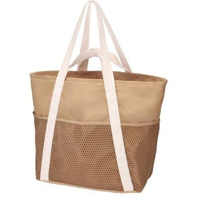B&Q Khaki Nylon Beach Bag With Zip Closure And Mesh Pocket For Travel And Swimming