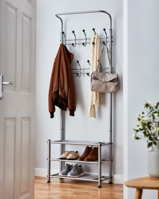 House Of Home Grey Coat Stand With Shoe Storage Stand, Free Standing Hall Shoe Storage Stand Hooks And Shoe Bench Size 18