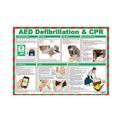 Pegdev Unisex White Aed Defibrillation & Cpr Guide A2 Landscape Laminated Health & Safety Poster In - Image 3