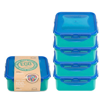 Locknlock Eco Square Plastic Microwave Safe Food Storage Container Set With Lid 870Ml Pack Of 5