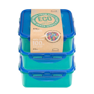 Locknlock Eco Square Plastic Reusable Airtight Food Storage Container Set With Lid 870Ml Pack Of 3 Green