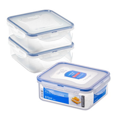 Locknlock Classic Clear Square Plastic Reusable Airtight Food Storage Container Set With Lid 870Ml Pack Of 3