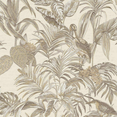 Design Id Cream/Beige Tropical Wallpaper Birds Palm Textured Paste The Wall Vinyl 64Cm