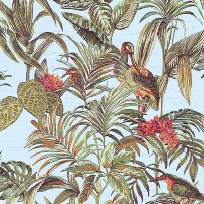 Design ID Duck Egg Blue Tropical Wallpaper Birds Palm Textured Green Paste The Wall Vinyl from B&Q