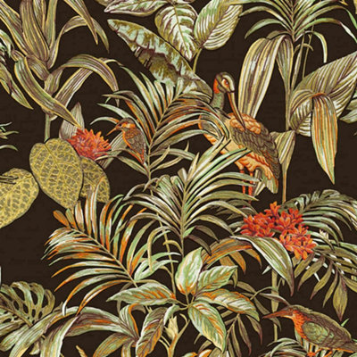 B&Q -  Black Tropical Wallpaper Birds Palm Textured Green Orange Paste The Wall Vinyl - Image 5
