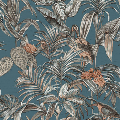 Design ID Teal Tropical Wallpaper Birds Palm Textured Blue Cream Paste The Wall Vinyl from B&Q