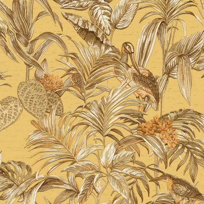 Design Id Cream/Gold Tropical Wallpaper Birds Palm Textured Paste The Wall Vinyl 64Cm