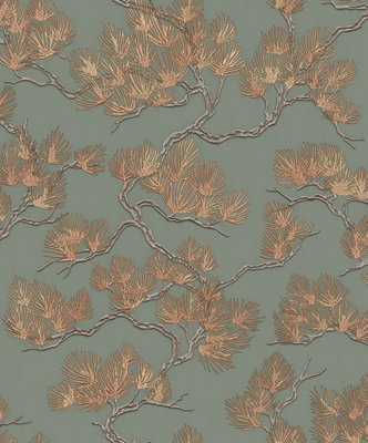 Design ID Pine Tree Wallpaper - Sage Green and Gold - Heavyweight Vinyl - Image 4