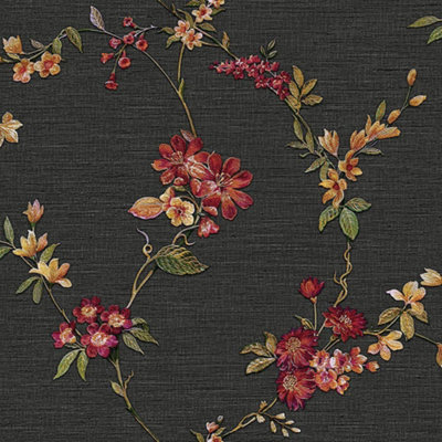 B&Q -  Black Red Floral Wallpaper Textured Embossed Metallic Paste The Wall Vinyl