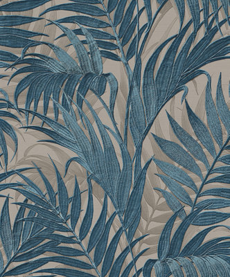 Design Id Luxurious Grace Palm /Teal Wallpaper Grey