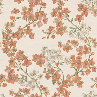 Design Id Beige Cherry Blossom Floral Print Orange Petals Vinyl Wallpaper 8809807600978 - Image 3