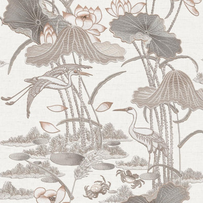 B&Q -  Grey Lotus Pond Wallpaper Crane Lily Pads Textured Paste The Wall