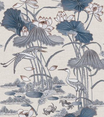 B&Q -  Tapestry Lotus Pond Blue/grey Wallpaper