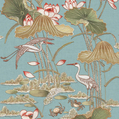 B&Q -  Teal Lotus Pond Wallpaper Crane Lily Pads Silk Textured Paste The Wall
