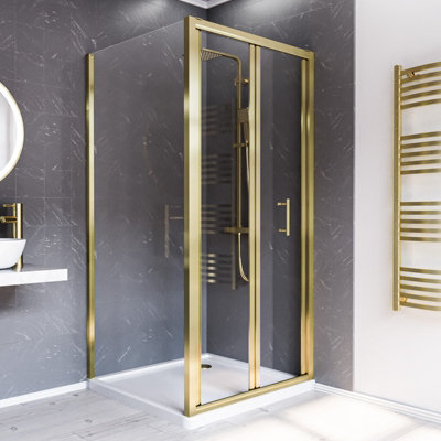 Nes Home Brushed Brass 900mm Bi-Fold Shower Door 800mm Side Panel With Tray from B&Q