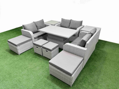 Fimous 10 Pcs Rising Dining Table Set Inclining Love Sofa Seat 2 Big Footstool 2 Small Stool 2 Side Table Light/Grey