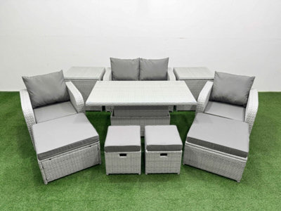Fimous 10 Pcs Rising Dining Table Set Reclining Chair Inclining Love Sofa Seat 2 Big Footstool 2 Stool 2 Side Table Small