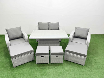 Fimous 8 Pcs Rising Dining Table Set Reclining Chair Inclining Love Sofa Seat 2 Big Footstool 2 Small Stool Light/Grey