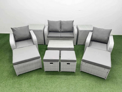 Fimous 10 Pcs Rectangular Coffee Table Set Reclining Chair Inclining Sofa Seat 2 Side Tables 2 Big Footstool Light Grey from B&Q