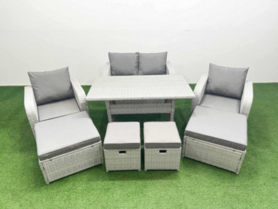 B&Q -  8 Seater Outdoor Garden Furniture Set With Dining Table Love Sofa 2 Big Footstools 2 Side Tables Light Grey