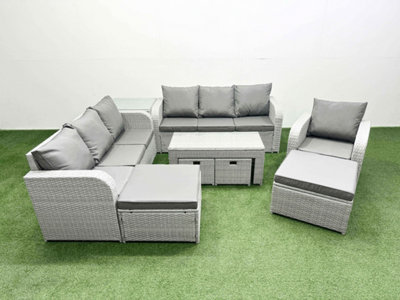 Fimous Outdoor Garden Furniture Set Pe Rattan 3 Seater Sofa Reclining Chair Set With Oblong Coffee Table 4 Footstools Side Table from B&Q