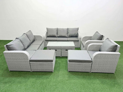 Fimous Pe Wicker Rattan Furniture Sofa Sets With Oblong Coffee Table 3 Seater Sofa 4 Stools Light/Grey