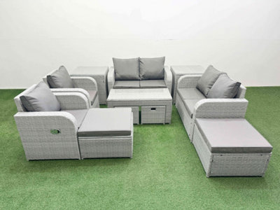 Fimous Pe Wicker Rattan Furniture Sofa Sets With Oblong Coffee Table Love Sofa Reclining Chair 4 Stools 2 Side Table