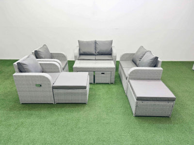 Fimous Pe Wicker Rattan Furniture Sofa Sets With Oblong Coffee Table Love Sofa Reclining Chair 4 Stools Light Grey Mixed