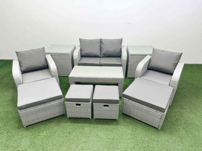 Fimous Pe Wicker Rattan Furniture Sofa Sets With Oblong Coffee Table Love Sofa Reclining Chair 2 Side Table 4 Stools