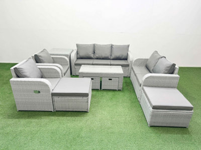 Fimous Pe Wicker Rattan Furniture Sets With Oblong Coffee Table Love Sofa Reclining Chair 3 Seater Sofa 4 Stools Side Table
