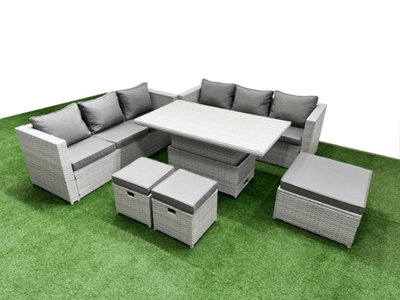 Fimous 6 Pcs Rising Dining Table Set Rattan Furniture Set With 3 Seater Sofa 2 Small Footstools Big Footstool Light/Grey