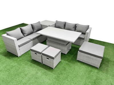 Fimous 7 Pcs Rising Dining Table Set Rattan Furniture Set With 3 Seater Sofa 3 Footstools Side Table Light/Grey
