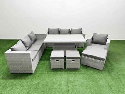 Fimous 6 Pcs Rising Dining Table Set Rattan Furniture Set With 3 Seater Sofa Chair 3 Footstools Light/Grey