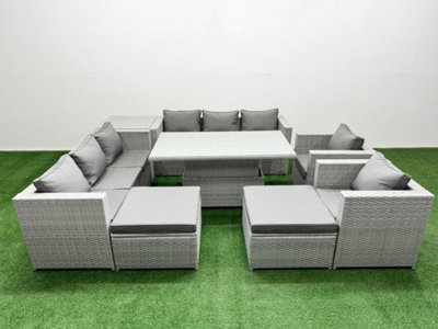 B&Q -  8 Pcs Rising Dining Table Set Rattan Furniture Set With 3 Seater Sofa Chair 2 Big Footstools Side Table Light Grey