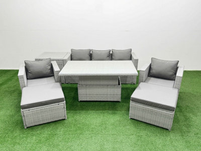 B&Q -  7 Pcs Rising Dining Table Set Rattan Furniture Set With 3 Seater Sofa Chair 2 Big Footstools Side Table Light Grey