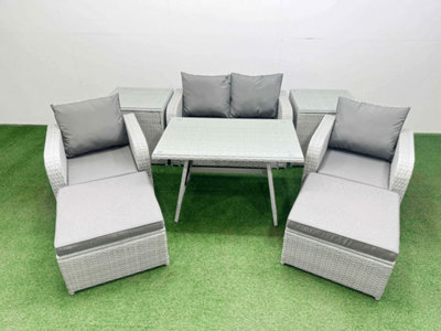 Fimous Pe Wicker Rattan Garden Furniture Set Sofa Set 2 Big Stools 2 Side Tables Light/Grey