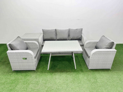 Fimous Reclining Chair 3 Seat Sofa Set Garden Furniture Set With Rectangular Dining Table Side Table Light/Grey